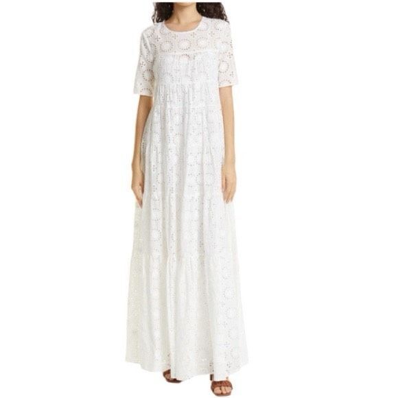 STAUD Women's White Hyacinth Eyelet Tiered Short Sleeve Maxi Dress Medium NWOT - Picture 4 of 12